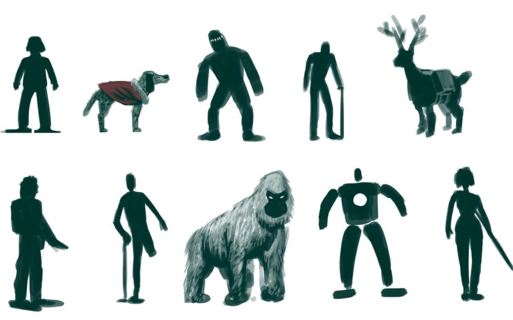 Many small digitally painted silhouettes of different creatures and people