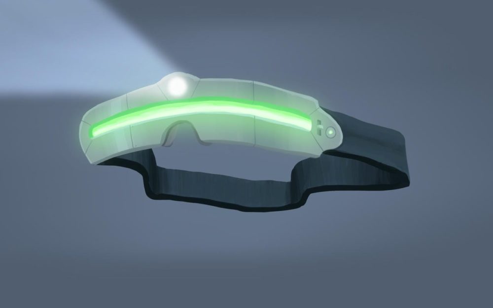 A digital painting of modern visor goggles with a green glowing light and a flashlight