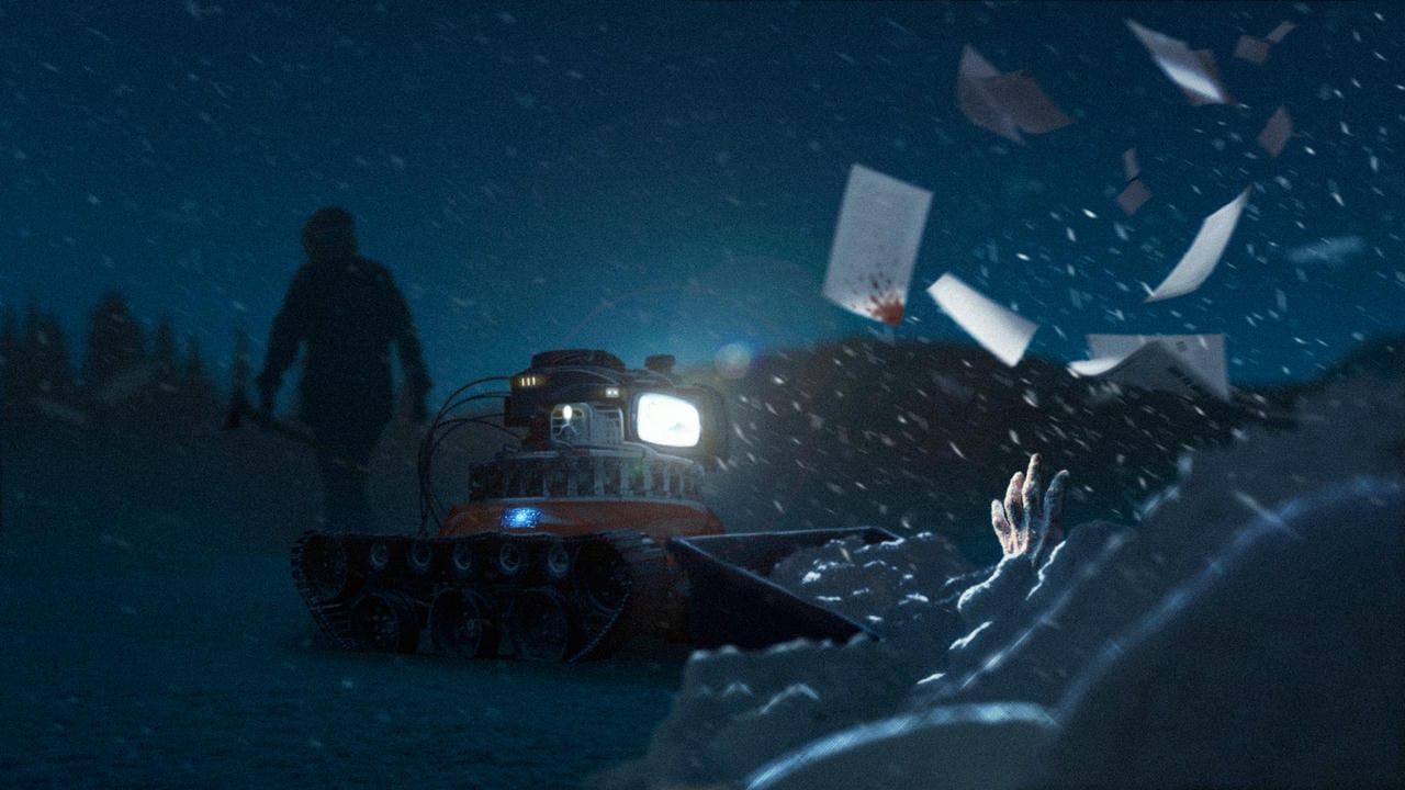 A picture of a self driving snow plough next to a snow pile with a frozen hand sticking out while a dark silhouette walks away in the background