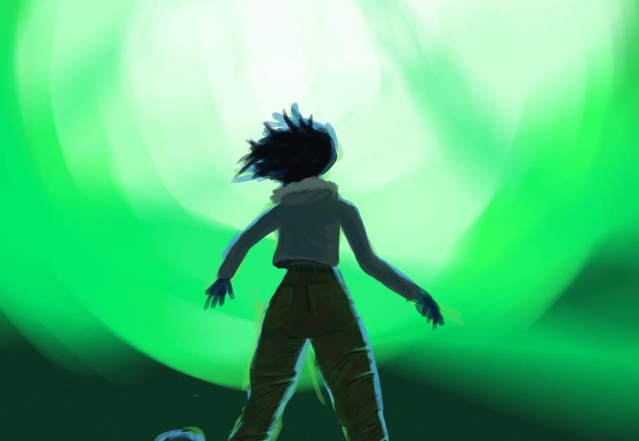 A digitally painted sketch of a woman and a dog standing in front of a glowing green twirl of energy