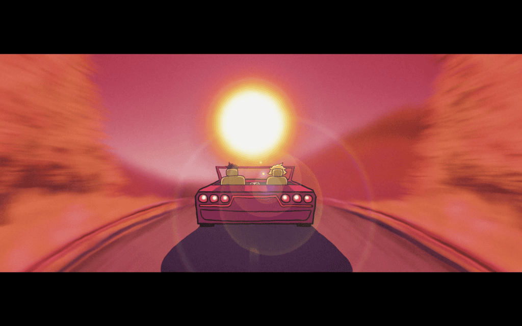 Digitally illustrated frame from an animation where two people ride a convertible car into the sunset