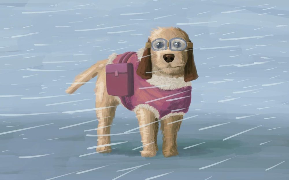 A digital painting of a dog in a blizzard with a winter jacket and protective goggles